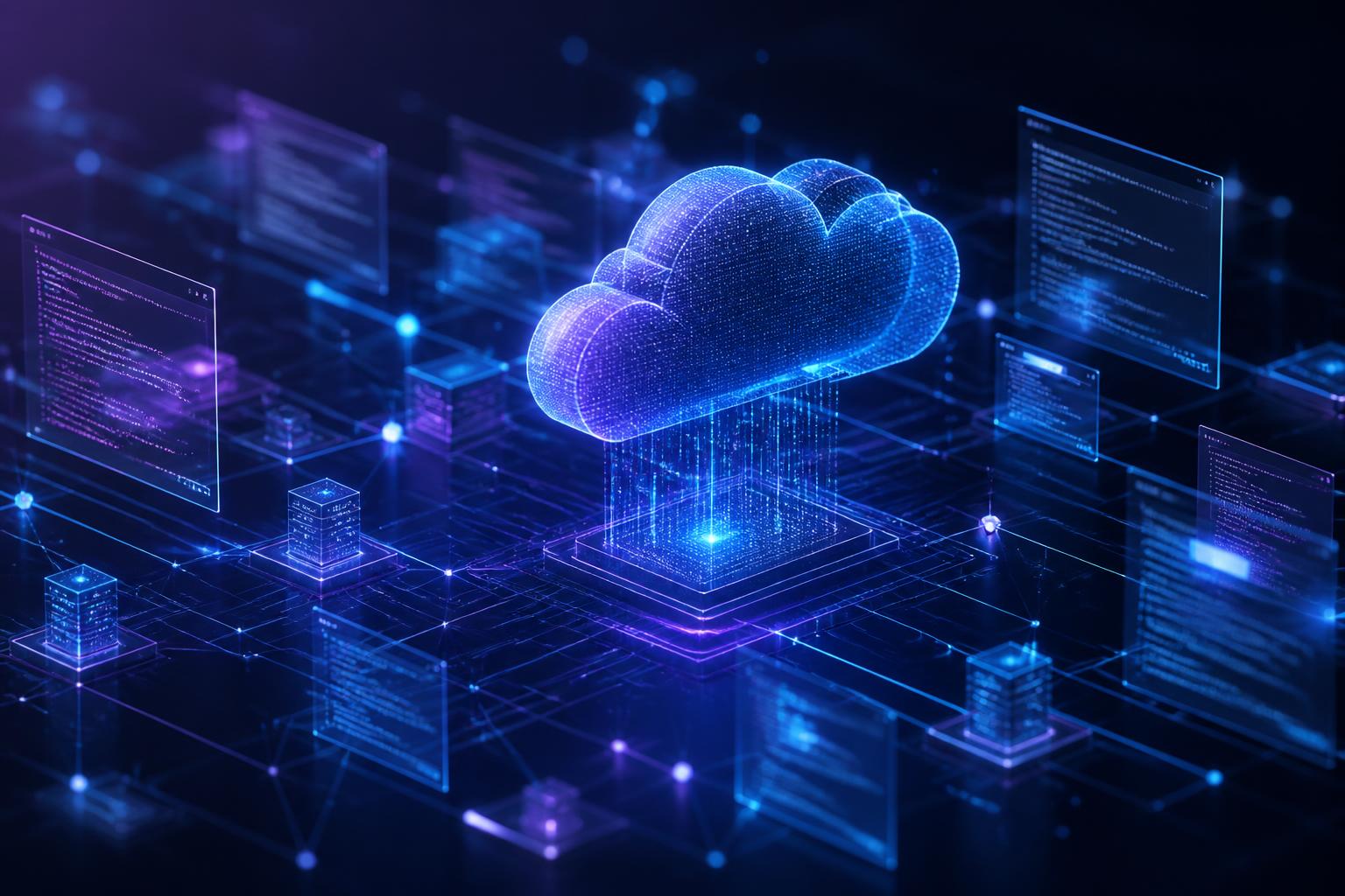 Abstract illustration of cloud infrastructure, code panels and connected data nodes